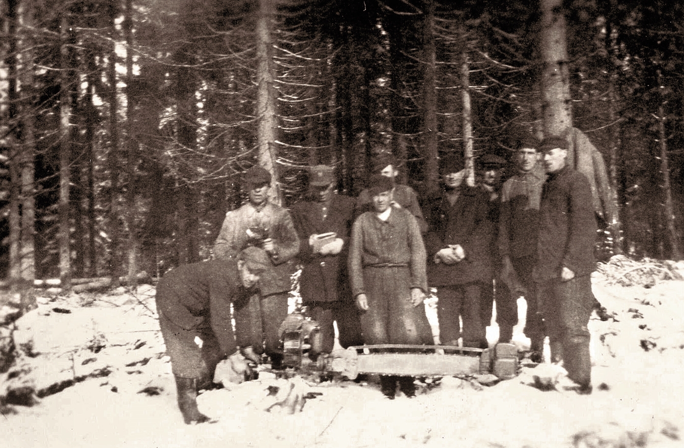 Robotnicy leśni przy pile dwuosobowej. fot. archiwum Nadleśnictwa Kartuzy