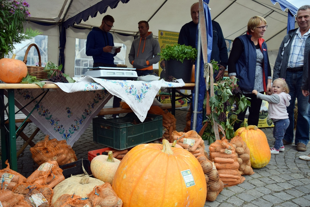 Kartuzy. Targ Produktów Ekologicznych. Sprzedawano miody, sery, warzywa, lokalne specjały