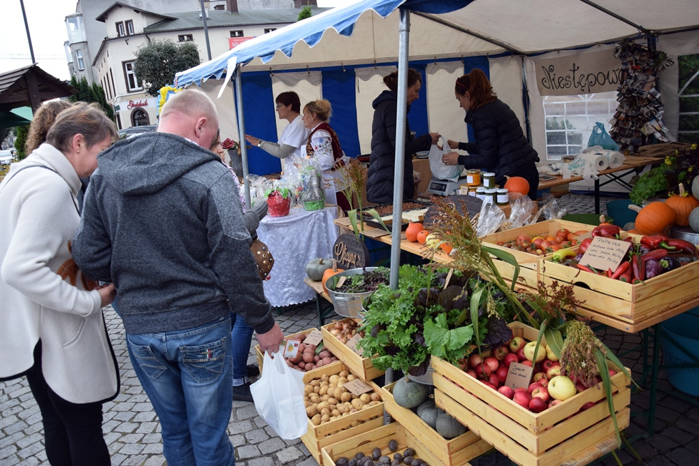 Kartuzy. Targ Produktów Ekologicznych. Sprzedawano miody, sery, warzywa, lokalne specjały