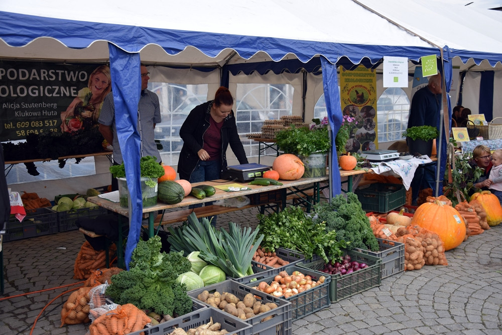 Kartuzy. Targ Produktów Ekologicznych. Sprzedawano miody, sery, warzywa, lokalne specjały