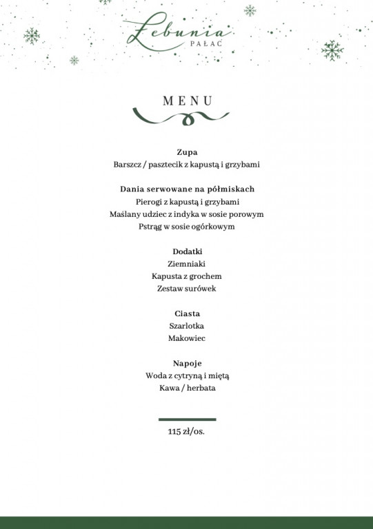 Menu świąteczne w Pałacu Łebunia
