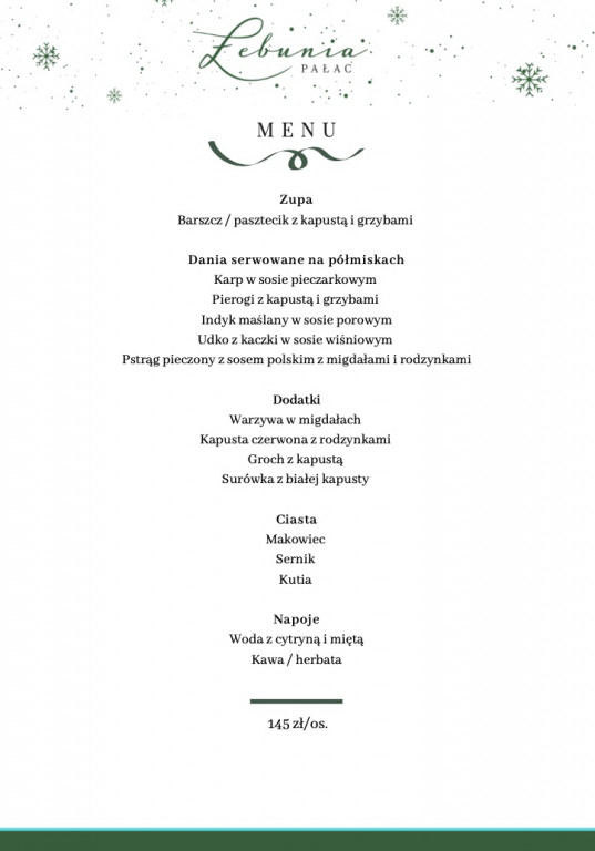 Menu świąteczne w Pałacu Łebunia