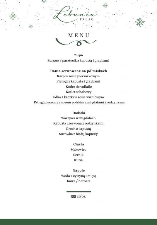 Menu świąteczne w Pałacu Łebunia