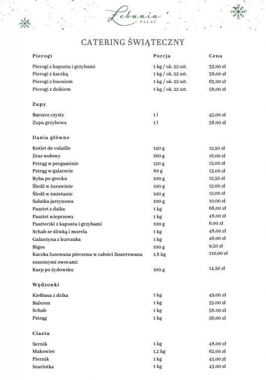 Menu świąteczne w Pałacu Łebunia