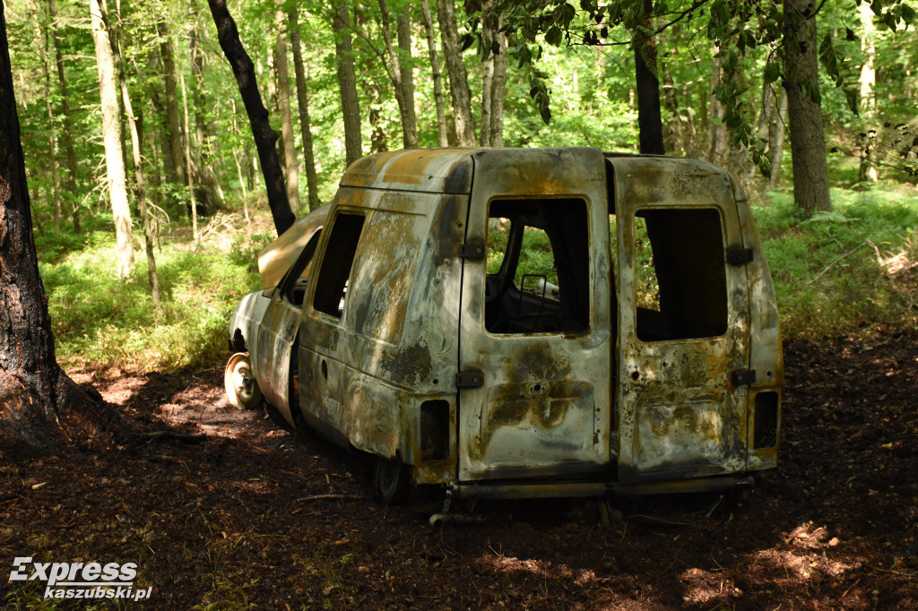 Spalony citroen porzucony w lesie