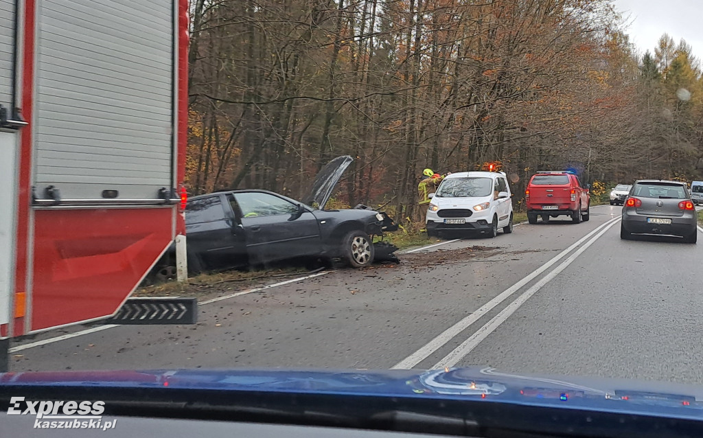 Osobówka wypadła z drogi na odcinku Kartuzy - Leszno