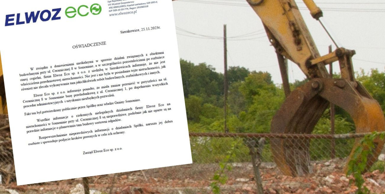 Oświadczenie firmy Elwoz ws. prac na terenie cegielni w Somoninie
