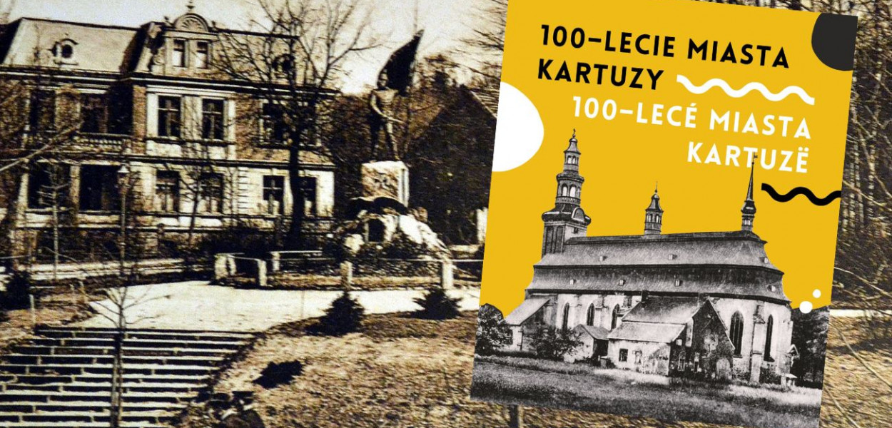 Plac pomnikowy w Kartuzach z pomnikiem wojownika z 1903 r. i projekt znaczka pocztowego.