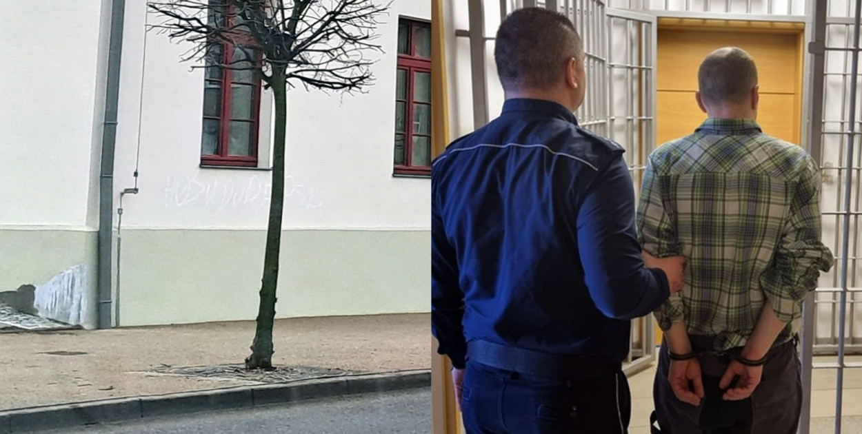  Napisy są już częściowo usunięte. fot. W.D., fot. KPP Kartuzy