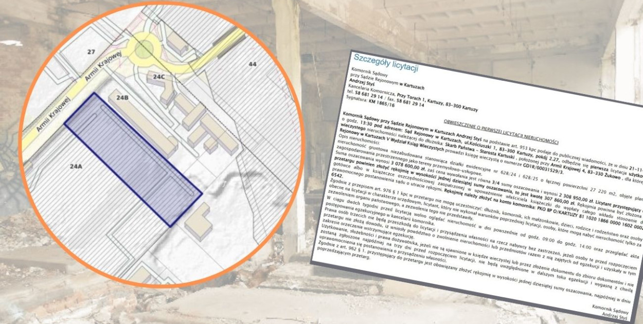 fot.kolaż.oprac.W.D./geoportal/materiały z projektu rozbiórki obiektów wykonanego przez firmę Grabski Engineering/screen:Komornik Sądowy Andrzej Styś