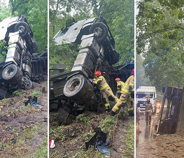 Przewóz. Było groźnie, ale kierowca ciężarówki wyszedł z tego bez szwanku-68119