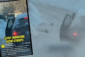 Kiełpino. Nie czekał na odmrożenie auta. Otworzył drzwi i... jazda!