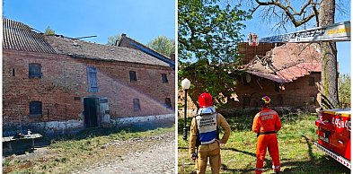 Leźno. Zawalił się dach starego budynku. Strażacy przeszukali gruzowisko