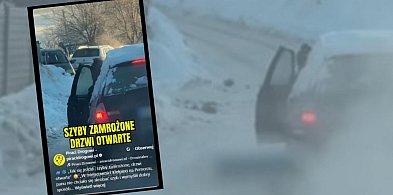 Kiełpino. Nie czekał na odmrożenie auta. Otworzył drzwi i... jazda!