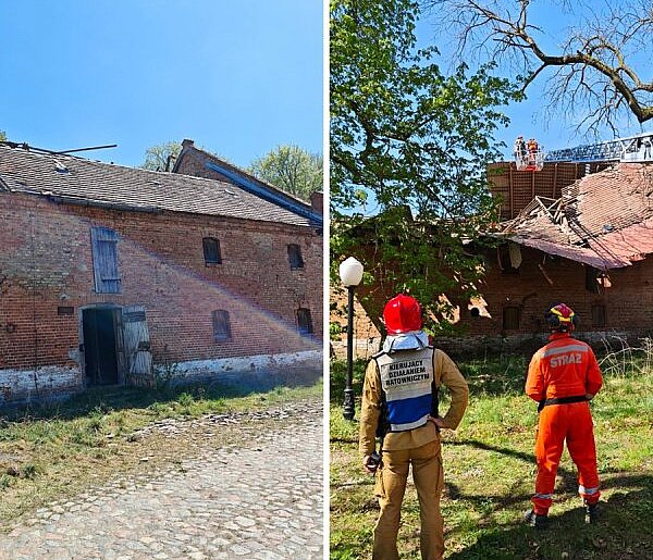 Leźno. Zawalił się dach starego budynku. Strażacy przeszukali gruzowisko