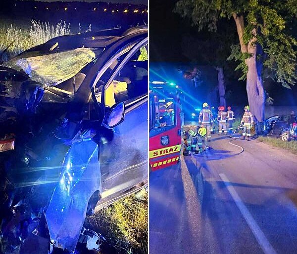 Nocny wypadek w Leźnie. Auto roztrzaskało się na drzewie