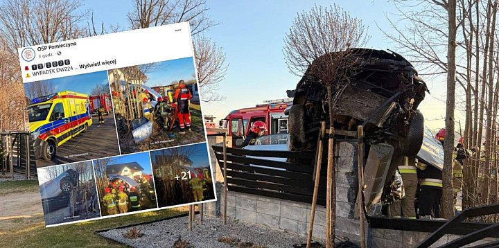 Auto roztrzaskało się na ogrodzeniu posesji w Łebieński