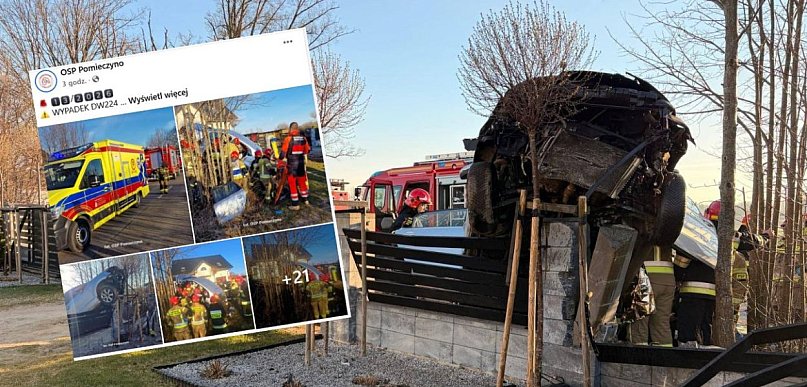 Auto zawisło na ogrodzeniu posesji w Łebieńskiej Hucie