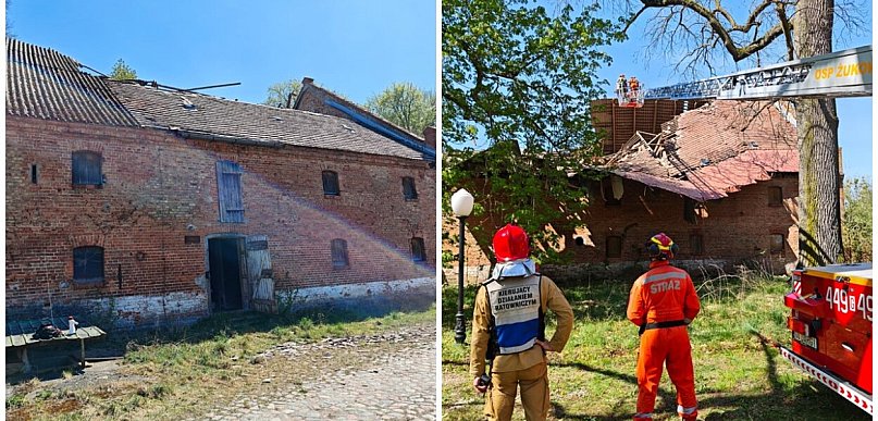 Leźno. Zawalił się dach starego budynku. Strażacy przeszukali gruzowisko