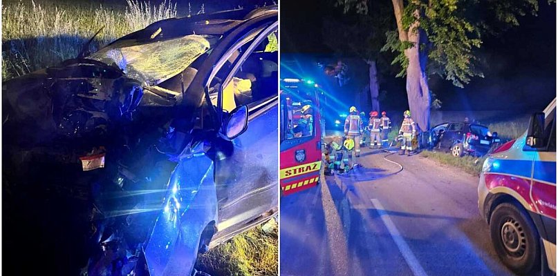Nocny wypadek w Leźnie. Auto roztrzaskało się na drzewie