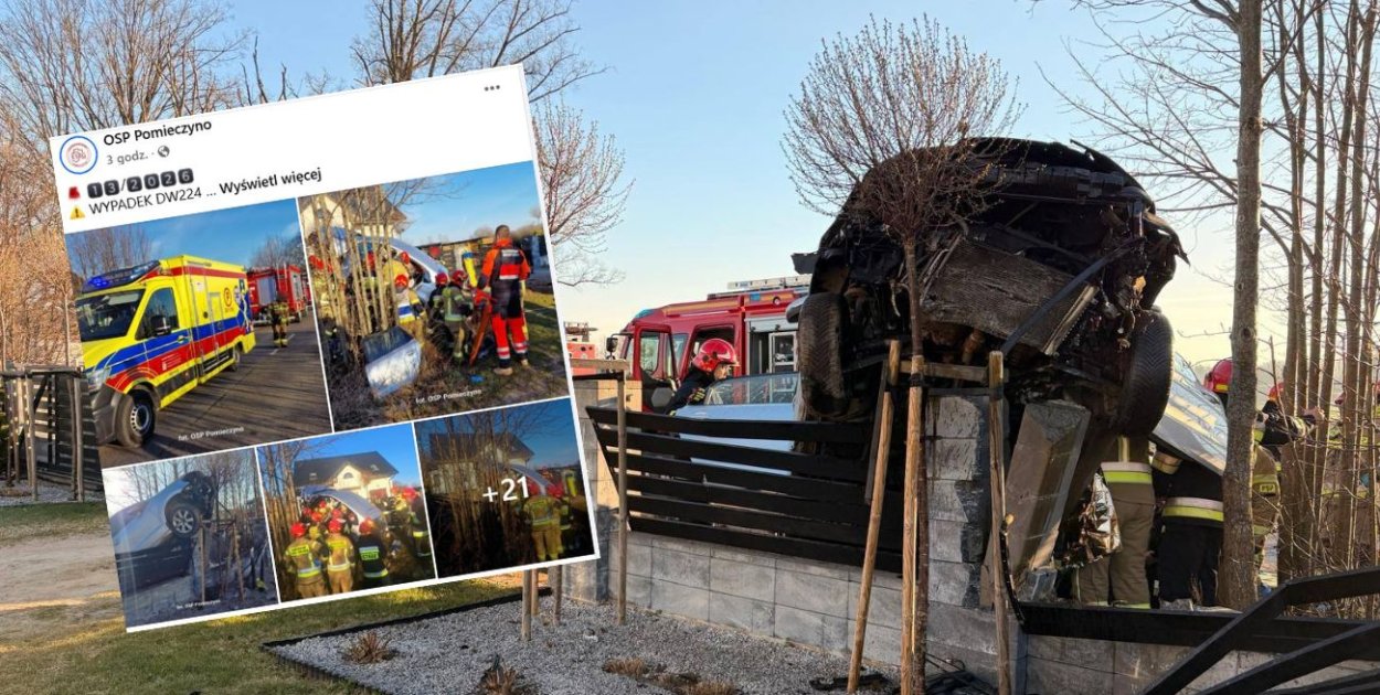 Auto zawisło na ogrodzeniu posesji w Łebieńskiej Hucie