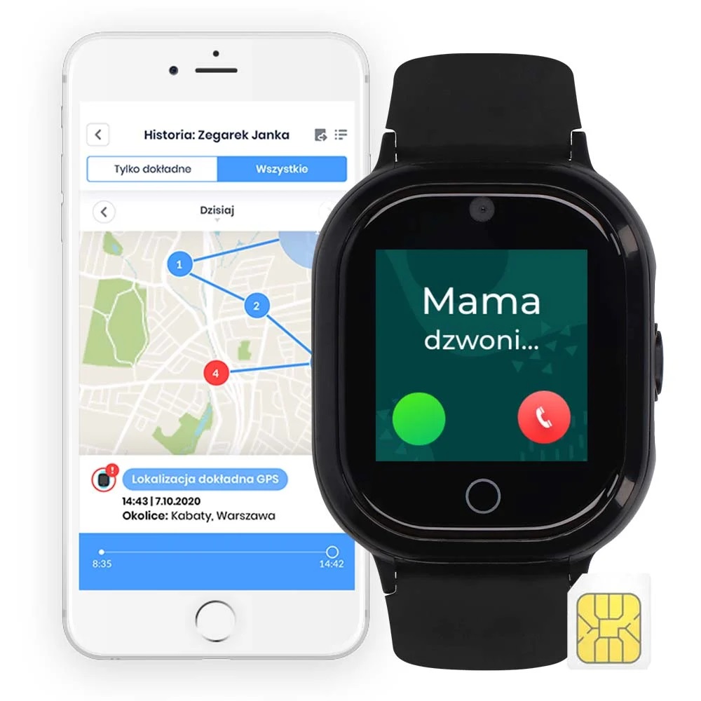 widok usługi Gdzie Jest Dziecko w ramach aplikacji Bezpieczna Rodzina oraz dzieci z zegarkami gps trzymające się za ręce