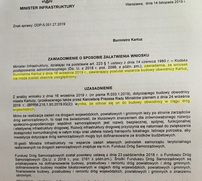 Fragment pisma z Ministerstwa Infrastruktury. źródło:UM Kartuzy
