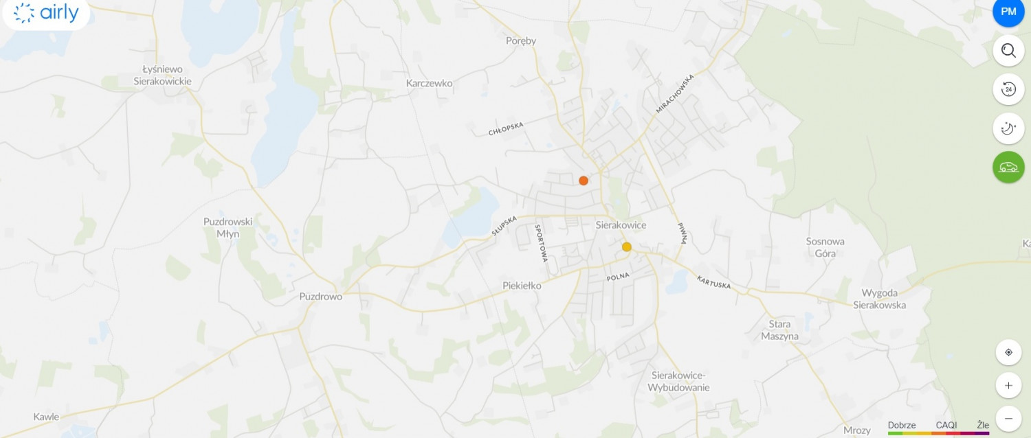 Dzisiaj w południe w Sierakowicach. źródło:https://airly.org/map/pl/