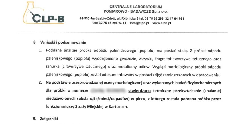 Wyniki analizy jednej z próbek popiołu pobranej na posesji w gm. Kartuzy. 